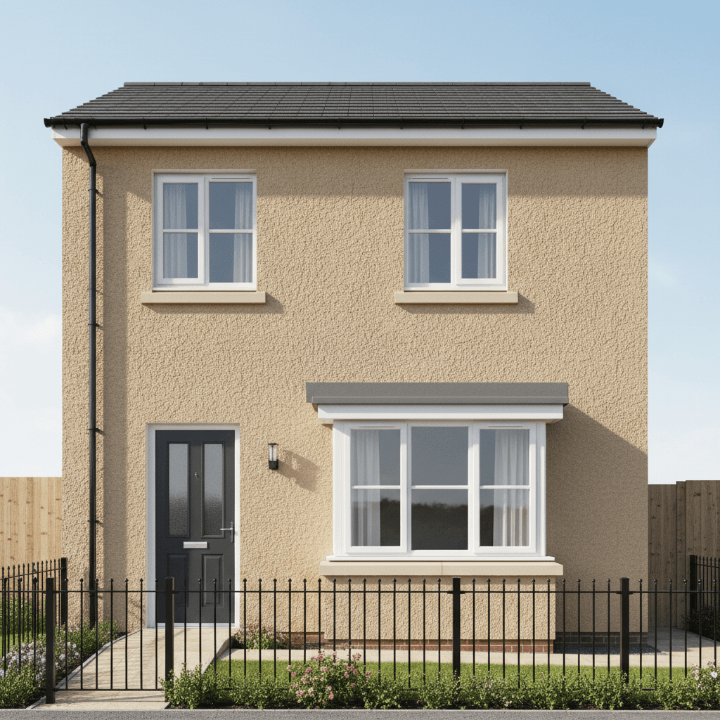 Beige textured external render on a house front with a dark door and windows
