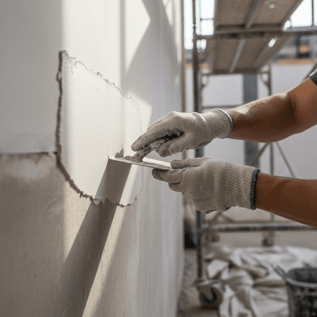 Tradesman applying render to an exterior wall